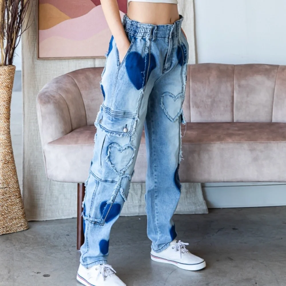 Oli & Hali Light Wash Denim Joggers with Blue Heart Accents - Picture 3 of 7